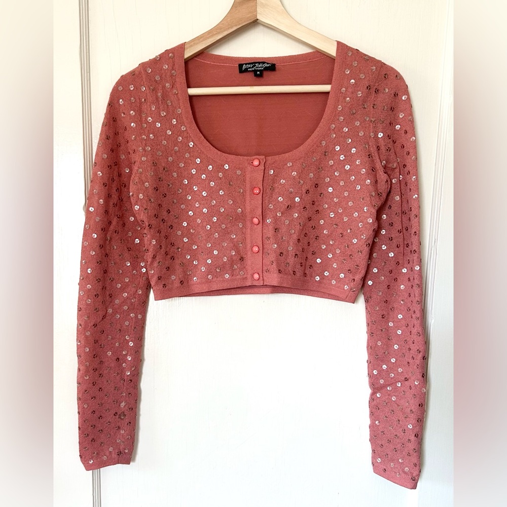 Vintage Betsey Johnson Crop Sequin Cardigan Top Rosy Pink M 90s Black Label